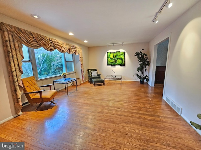 living area featuring rail lighting and light wood-type flooring