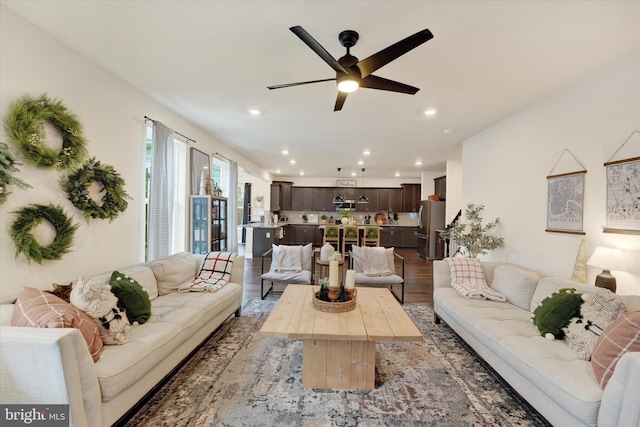 living room featuring hardwood / wood-style flooring and ceiling fan