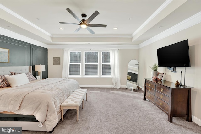 bedroom with light carpet, ceiling fan, and crown molding