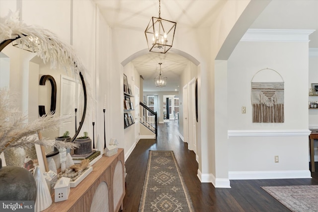 foyer entrance with crown molding, a high ceiling, and dark hardwood / wood-style floors