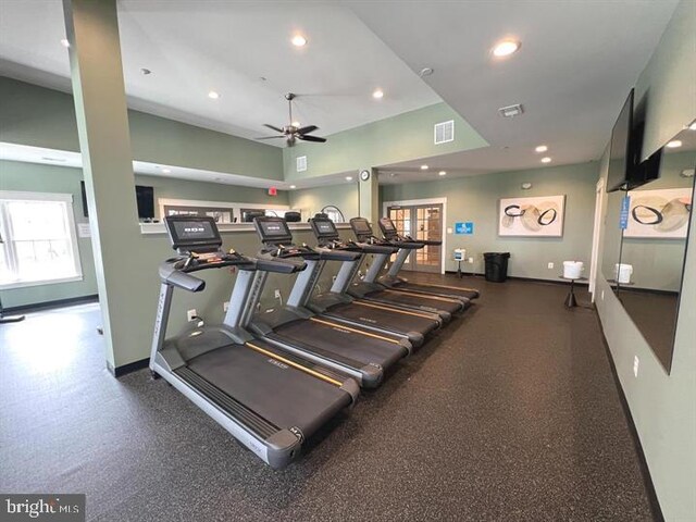 workout area featuring ceiling fan