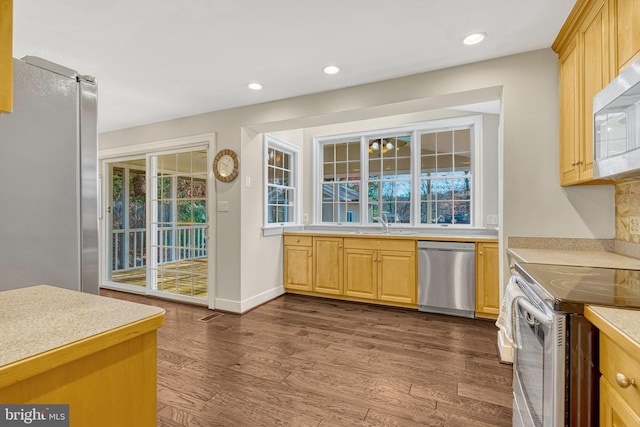 kitchen featuring sink, light brown cabinetry, dark wood-type flooring, and appliances with stainless steel finishes