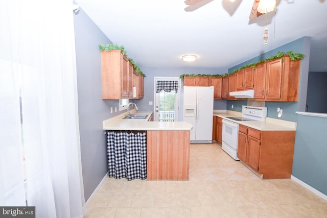 kitchen featuring kitchen peninsula, white appliances, ceiling fan, sink, and light tile patterned flooring