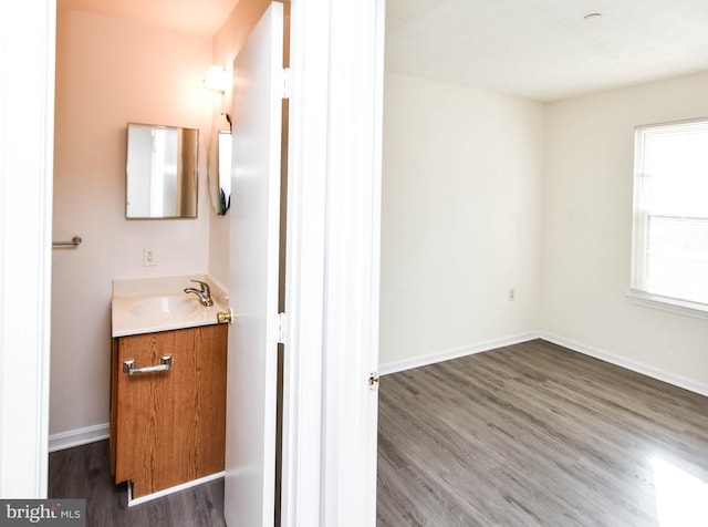 bathroom featuring hardwood / wood-style flooring and vanity