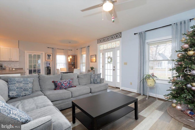 living room with plenty of natural light, french doors, and light wood-type flooring