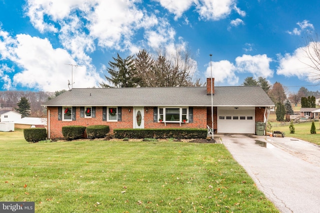 single story home featuring a front yard and a garage