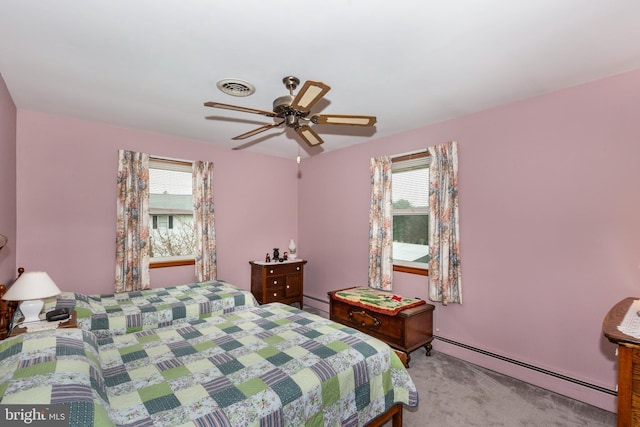 carpeted bedroom featuring ceiling fan and a baseboard radiator