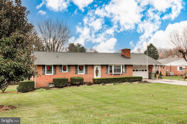 single story home with a front lawn and a garage