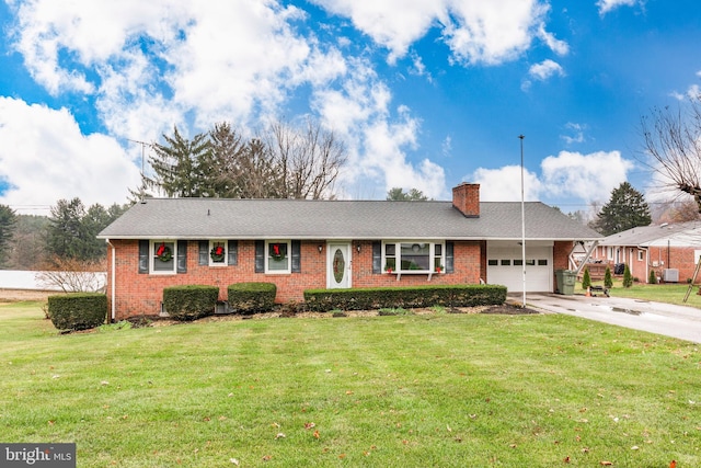 single story home featuring a front yard and a garage