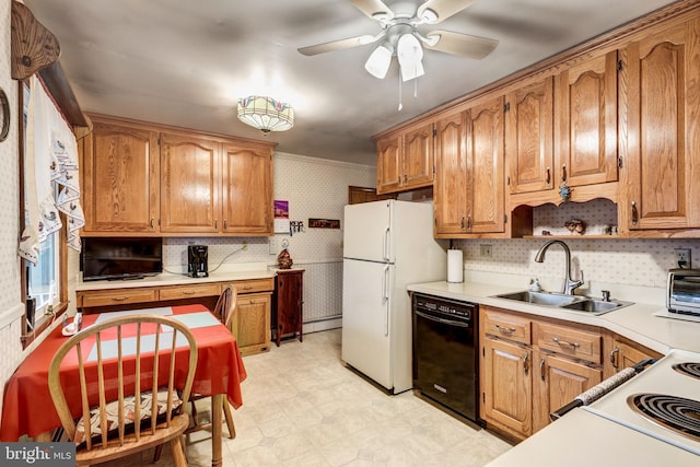 kitchen with dishwasher, white refrigerator, sink, ceiling fan, and a baseboard radiator