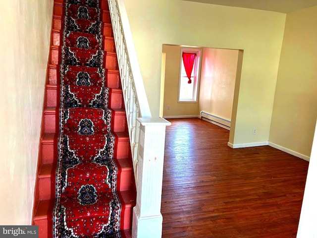 staircase with hardwood / wood-style flooring and a baseboard radiator