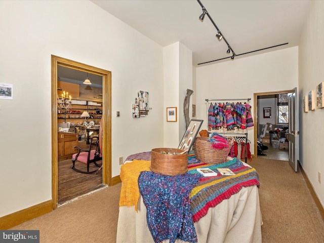 bedroom with track lighting, a closet, and light carpet