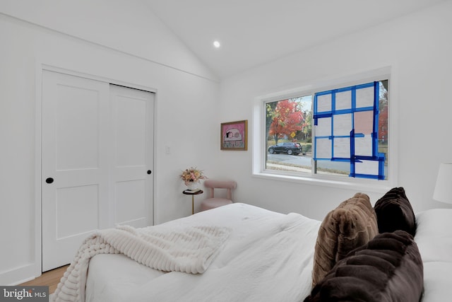 bedroom featuring lofted ceiling, light hardwood / wood-style flooring, and a closet