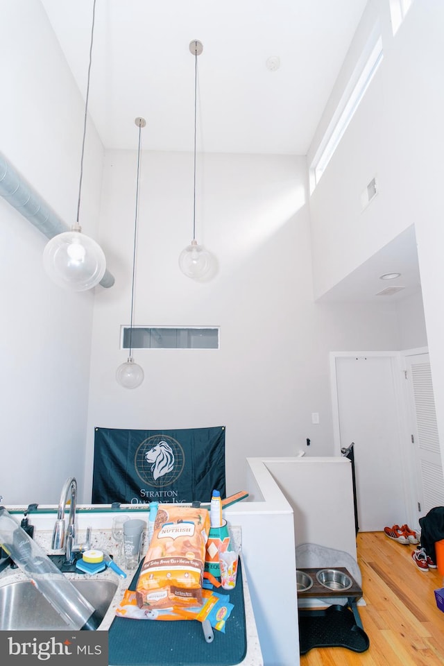 bathroom featuring hardwood / wood-style floors, a towering ceiling, and sink