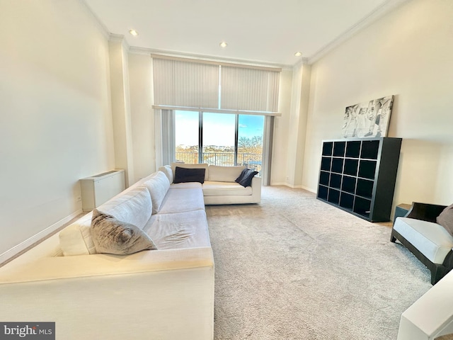 living room with carpet flooring and crown molding