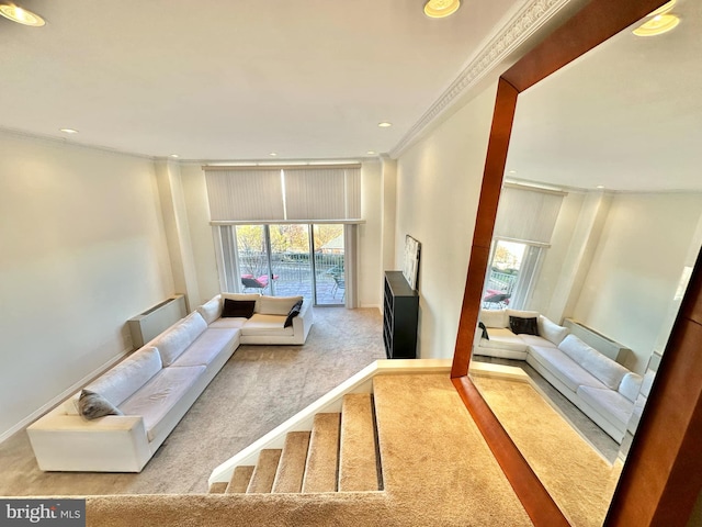 living room featuring light colored carpet and crown molding