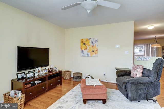 living room featuring ceiling fan and light hardwood / wood-style floors