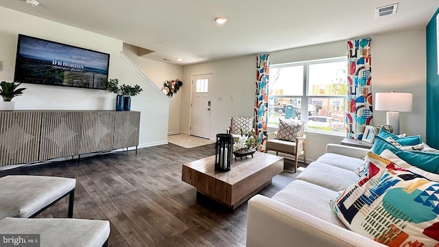 living room featuring dark wood-type flooring