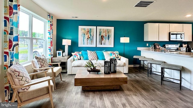 living room with dark hardwood / wood-style flooring