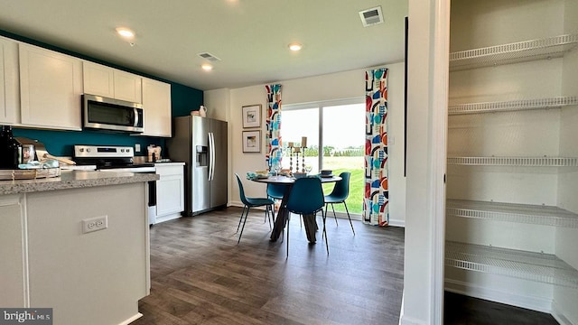 kitchen with white cabinets, dark hardwood / wood-style flooring, light stone countertops, and stainless steel appliances