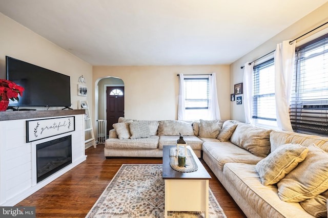 living room with dark wood-type flooring