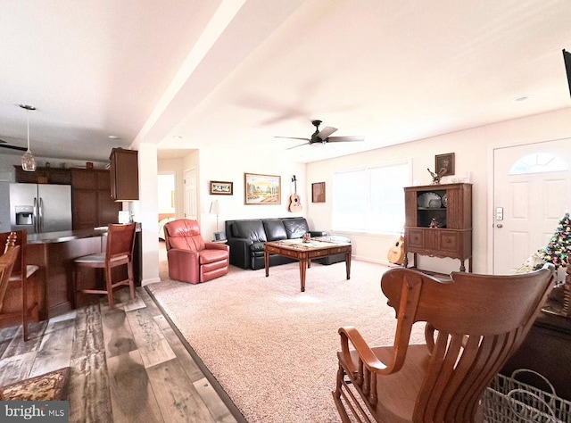 living room with hardwood / wood-style floors and ceiling fan