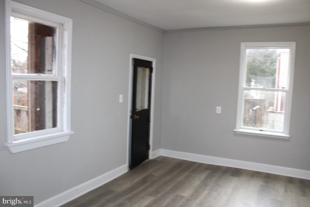 empty room with dark hardwood / wood-style floors and crown molding