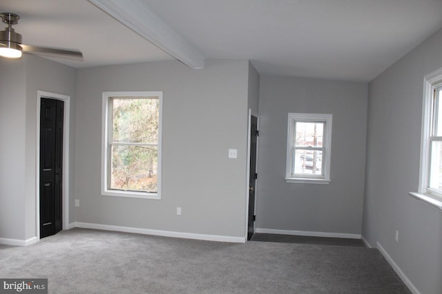 empty room featuring beamed ceiling, plenty of natural light, and light carpet