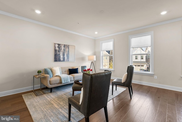 living room featuring crown molding and dark wood-type flooring