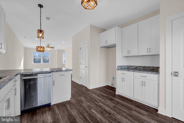 14 Mill Creek Ct, Bayville, NJ 08721 - kitchen featuring stainless steel dishwasher, dark wood-style flooring, white cabinets, hanging light fixtures, and a peninsula