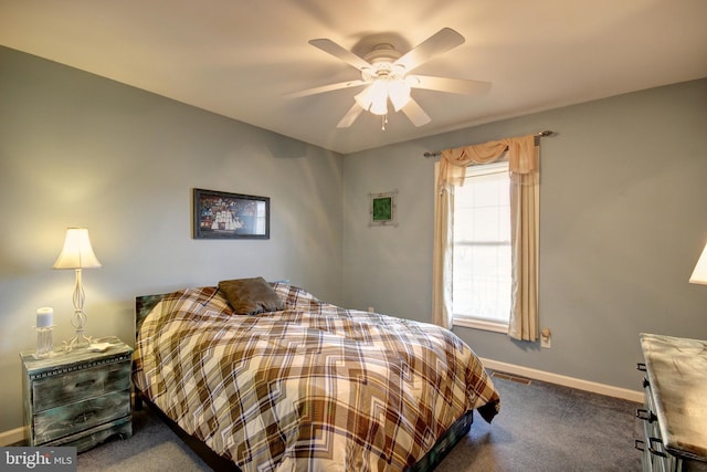 bedroom with ceiling fan and dark carpet