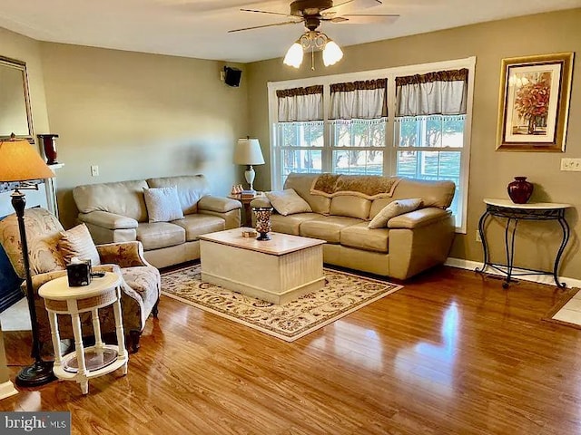 living room featuring ceiling fan and hardwood / wood-style flooring