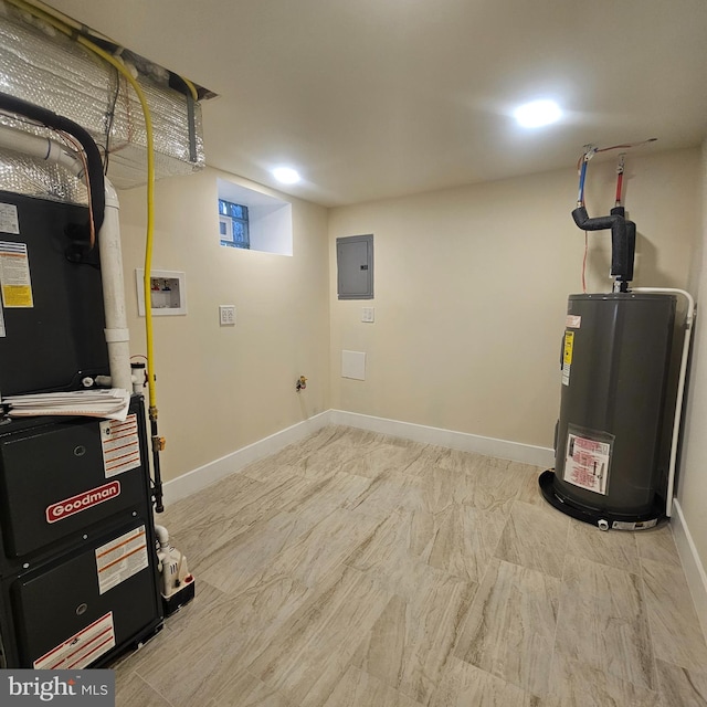 utility room with electric water heater and electric panel