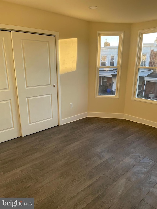 interior space with dark wood-type flooring and a closet