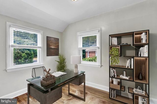 office with hardwood / wood-style flooring, a wealth of natural light, and lofted ceiling