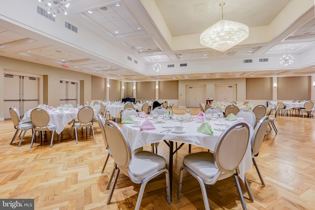 dining room featuring coffered ceiling, beam ceiling, visible vents, and a notable chandelier