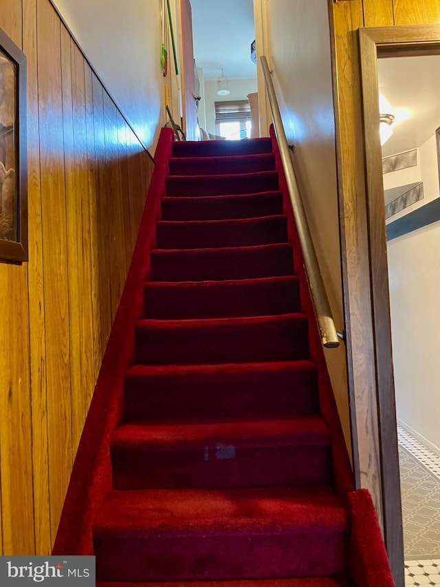 stairway with wood walls