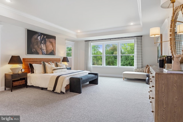 carpeted bedroom featuring a raised ceiling and ornamental molding