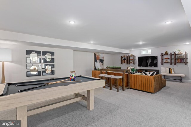 playroom featuring light colored carpet and pool table