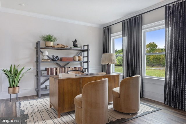 office featuring a healthy amount of sunlight, ornamental molding, and light hardwood / wood-style flooring