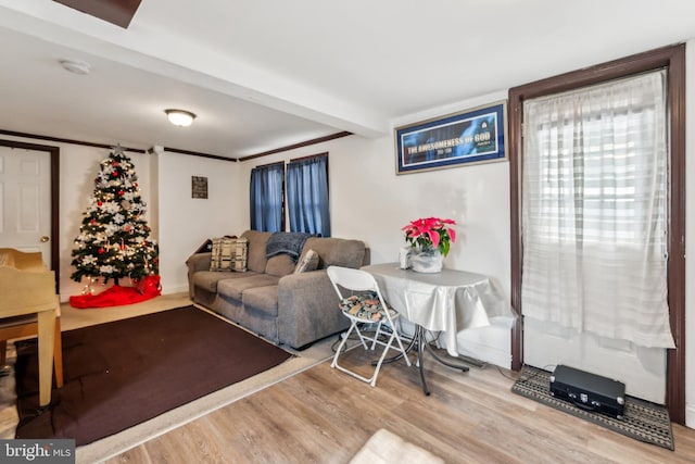 living area with crown molding, wood finished floors, and beamed ceiling