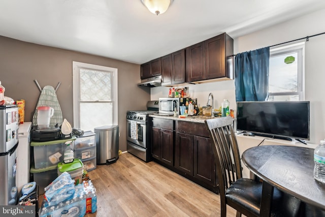 kitchen with stainless steel appliances, light wood-style floors, dark brown cabinetry, a sink, and under cabinet range hood