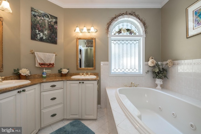 bathroom with tile patterned floors, vanity, ornamental molding, and tiled bath