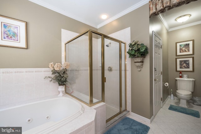 bathroom with tile patterned floors, separate shower and tub, toilet, and crown molding