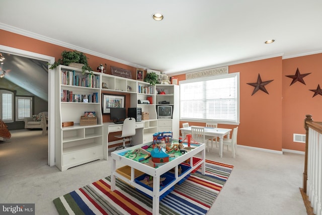 recreation room featuring crown molding and light carpet