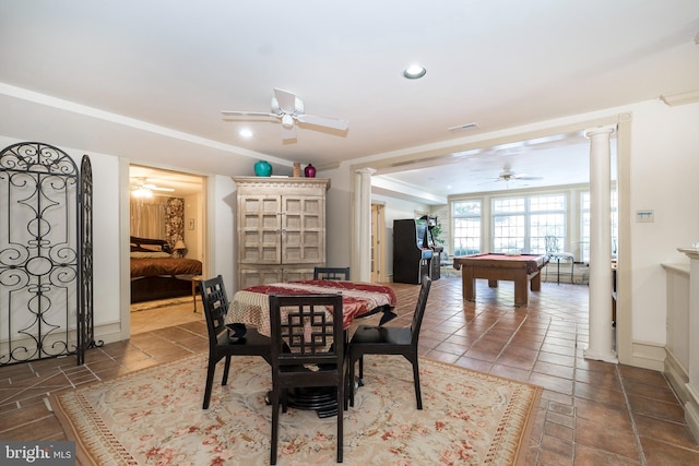 dining area with tile patterned floors, ornate columns, pool table, and ornamental molding