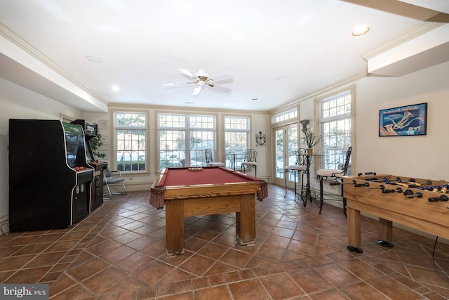 game room with ceiling fan, ornamental molding, and billiards