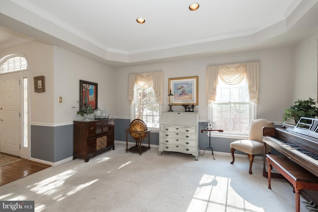 living area with a tray ceiling, carpet, a healthy amount of sunlight, and ornamental molding