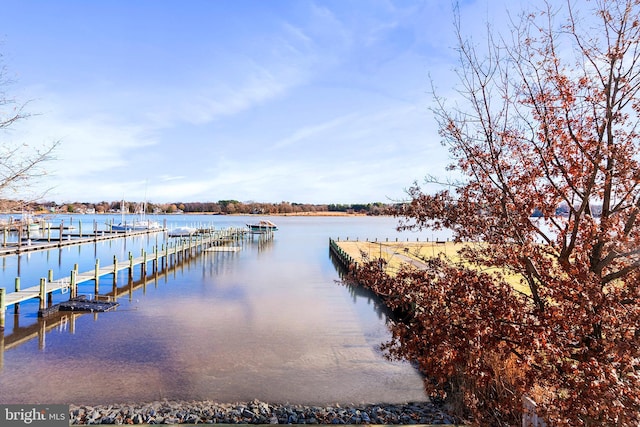 view of dock with a water view