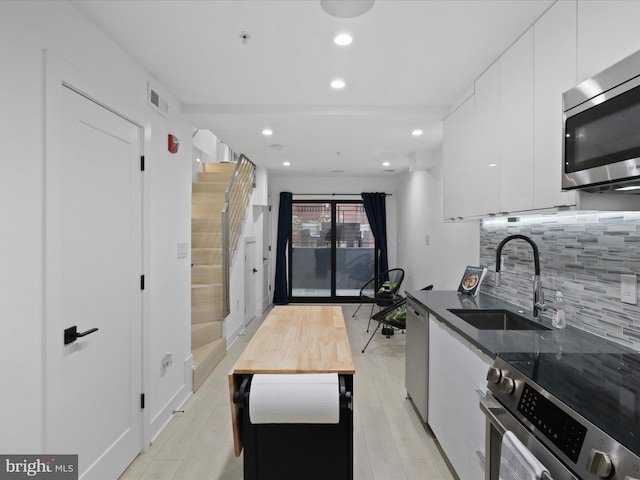 kitchen with white cabinetry, sink, backsplash, light hardwood / wood-style floors, and appliances with stainless steel finishes